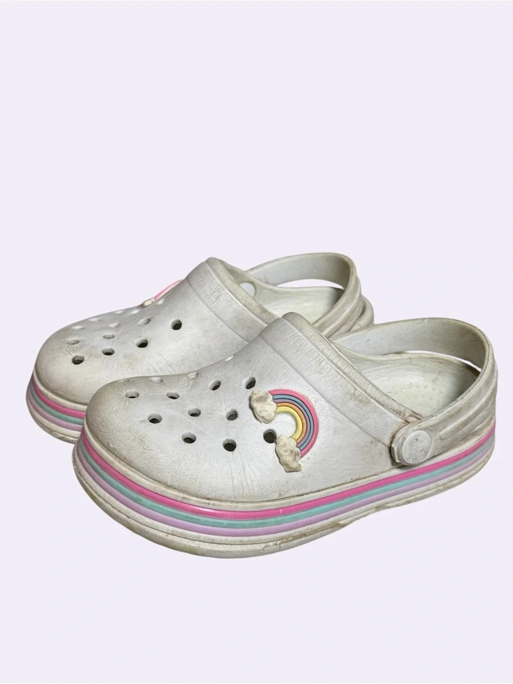 Kids White Croc Clog Sandals with Rainbow Accent size 9